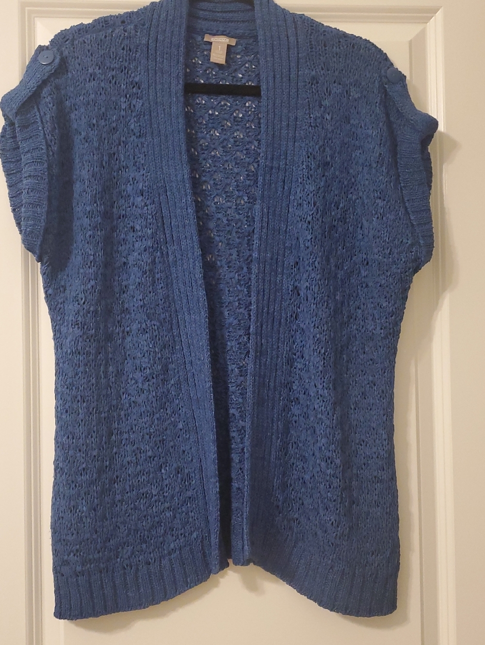 Chico's Open-Front Dark French Blue Short-Sleeve Knit Cardigan Size 1
